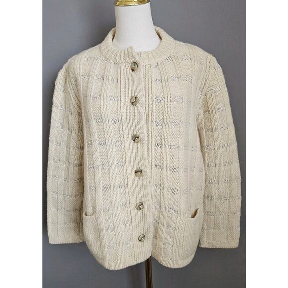 Vintage Cyril Cullen Wool Blend Cardigan Sweater Ireland White Cream Button - Picture 1 of 10